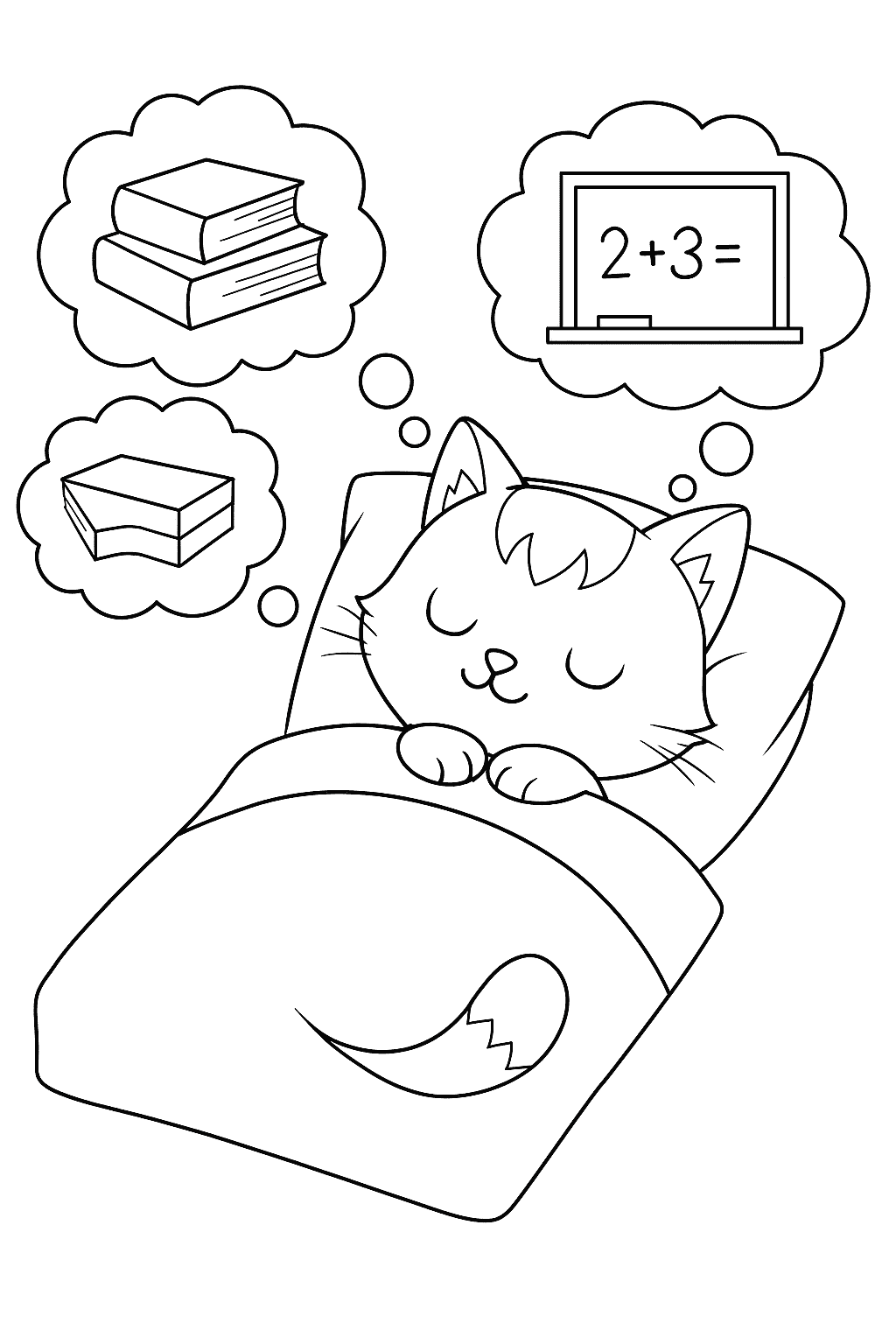 A cute cat with long tail sleeping peacefully in a cozy bed, dreaming of becoming a teacher