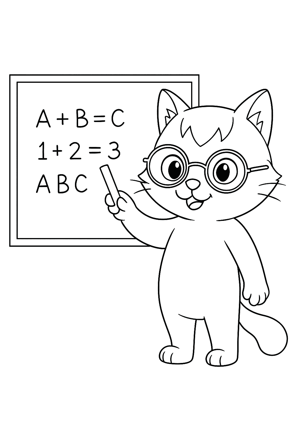 A cute cat with long tail standing in front of a classroom chalkboard, holding chalk and wearing glasses