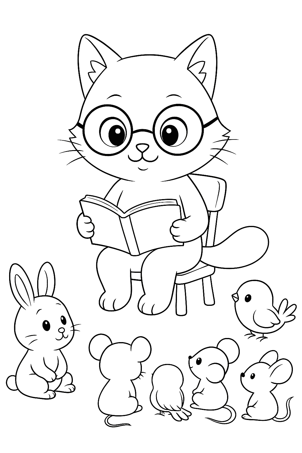 A cute cat with long tail reading a storybook to a group of small animal students sitting on the classroom floor