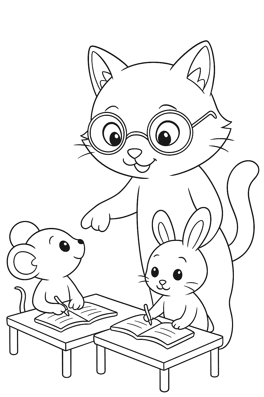 A cute cat with long tail helping young animal students with their homework at their desks, smiling warmly