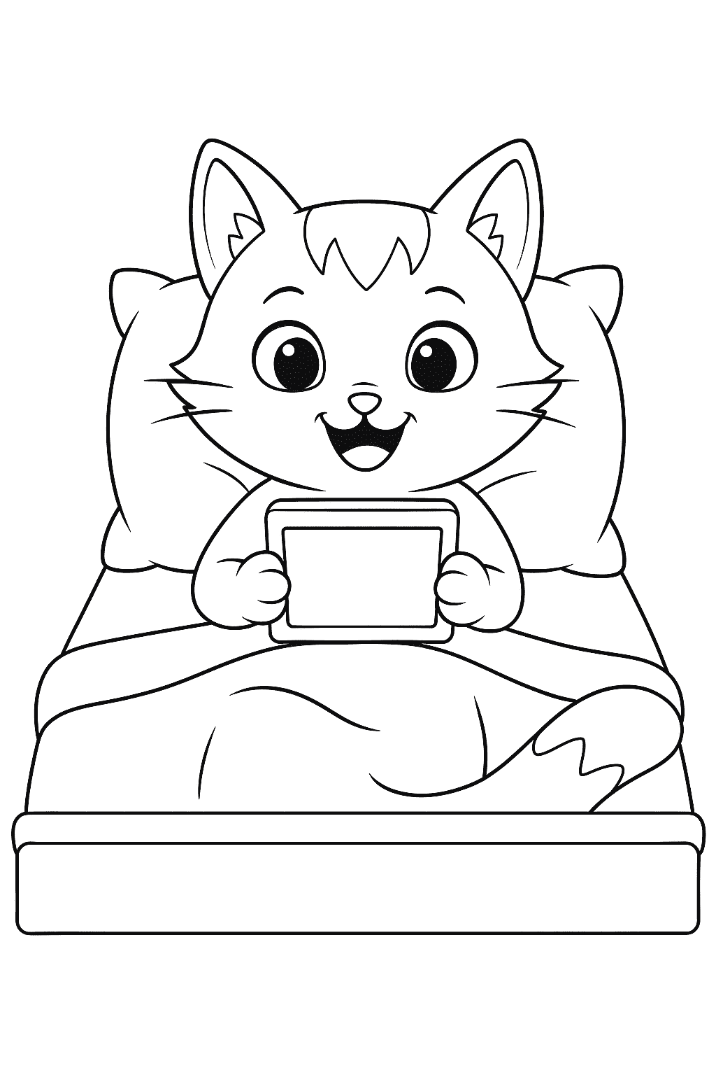 A cute cat with long tail waking up from the dream with a big smile, holding a toy chalkboard and feeling inspired